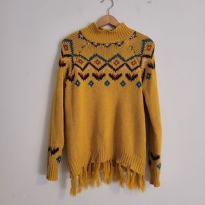 Wrangler Aztec Fringe Mock Neck Yellow Sweater Knit